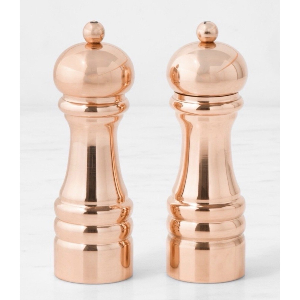Williams Sonoma Polished Copper 6" Salt & Pepper Mills Set, NIB, Retail $249